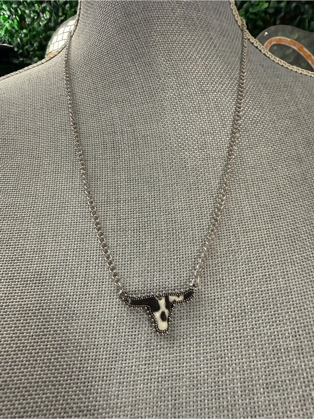 Black & White Hair-On-Hide Style Longhorn Necklace Western Cowgirl